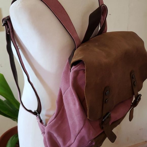Leather & Pink Canvas Backpack Computer Book Bag - Picture 3 of 8